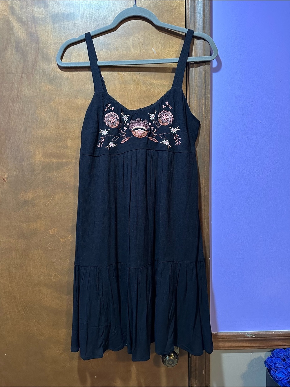 Arizona Jean Company Black Mini Dress with Pink Floral Embroidery